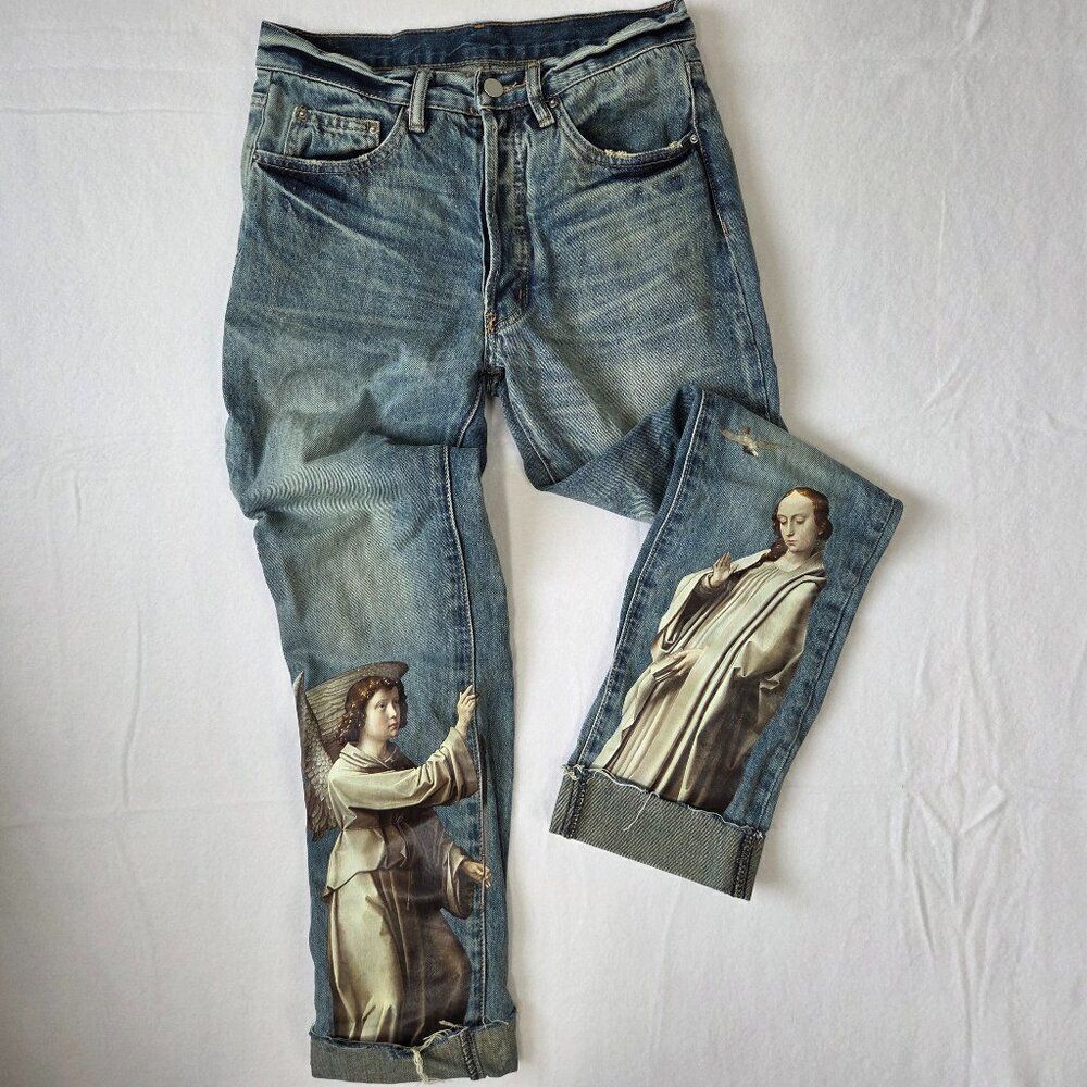 Mnml Angel Jeans Mens Size 28 Waist Streetwear Straight Leg Cuffed 100% Cotton